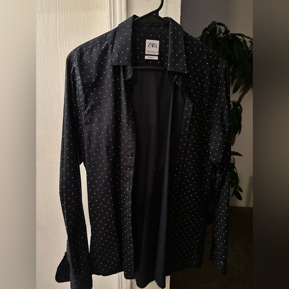 Zara Men's Black Shirt with White Dots